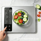 Q-Fit Food Scale weighing a salad bowl with nutrition facts display