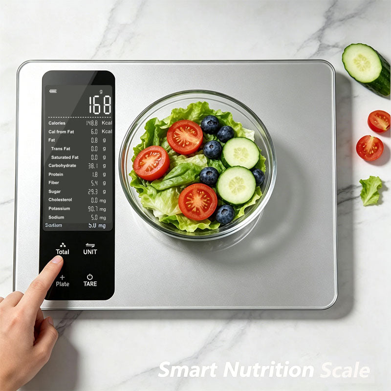 Q-Fit Food Scale weighing a salad bowl with nutrition facts display